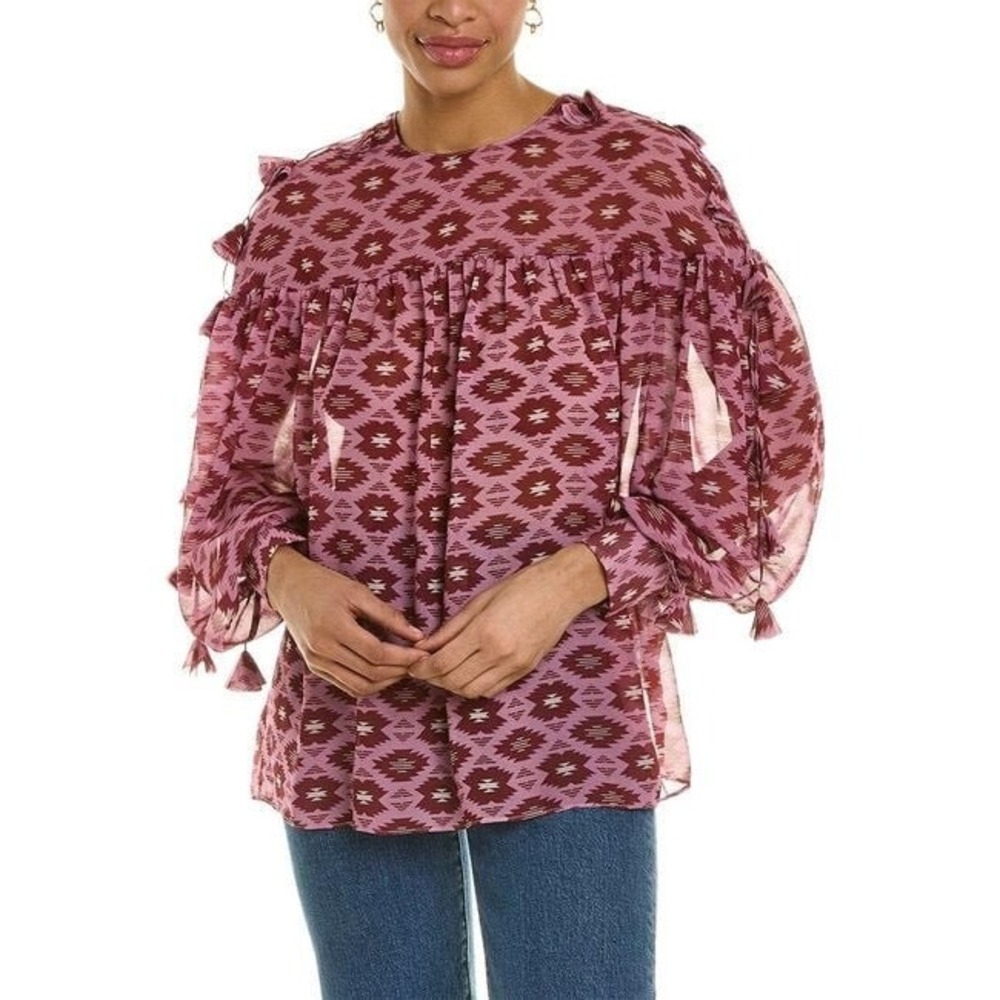 Sachin & Babi Mauve Geometric Ikat Tassel Long Sleeve Blouse Size XS